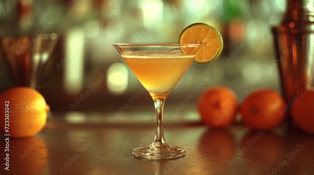 a close up of a drink in a glass with a slice of lemon on a table next to oranges and a bottle of alcohol on a table with a blurry background. a close up of a drink in a glass with a slice of lemon on a table next to oranges and a bottle of alcohol on a table with a blurry background.