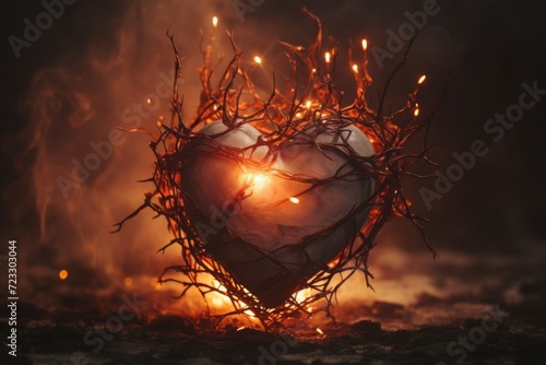 A heart made out of branches with a fire in the background. Can be used to symbolize love, passion, or the burning desire for something photo