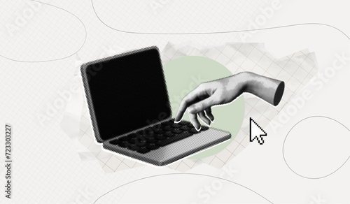 Trendy Halftone Collage Hand reaches for button on computer laptop. Type message. Online job and communication. Freelancers conference. Contemporary vector illustration art