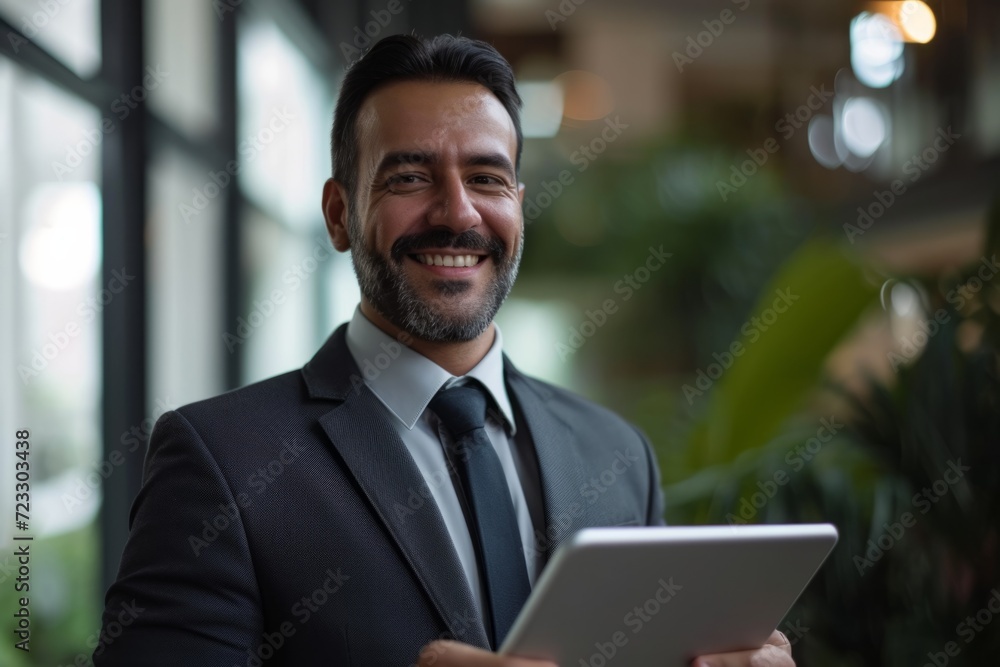 Hispanic Businessman Uses Tablet, Works In Office, Smiling, Dressed In Suit Hispanic Businessman Uses Tablet, Works In Office, Smiling, Dressed In Suit