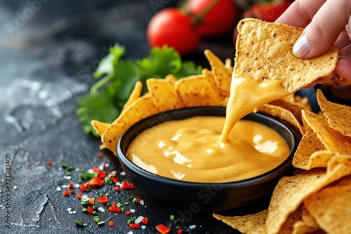 Close up of woman dipping crispy nacho in cheese sauce at black table text space available photo