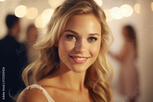 A beautiful blonde woman confidently stands in front of a group of people. This versatile image can be used to represent leadership, teamwork, or public speaking