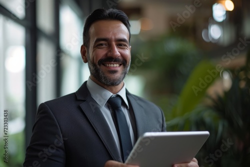 Hispanic Businessman Uses Tablet, Works In Office, Smiling, Dressed In Suit