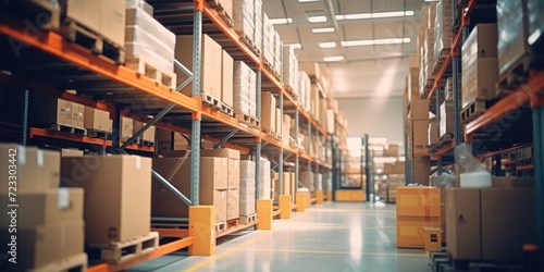 A large warehouse filled with numerous boxes. Suitable for logistics, storage, and inventory concepts photo