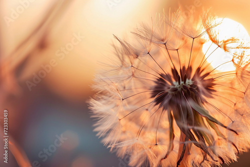 Close up photo of a dandelion flower  macro photography with sunset in the background