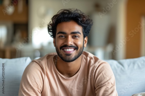 Indian Man Sitting On Sofa, Beaming With Wide Smile For Webcam