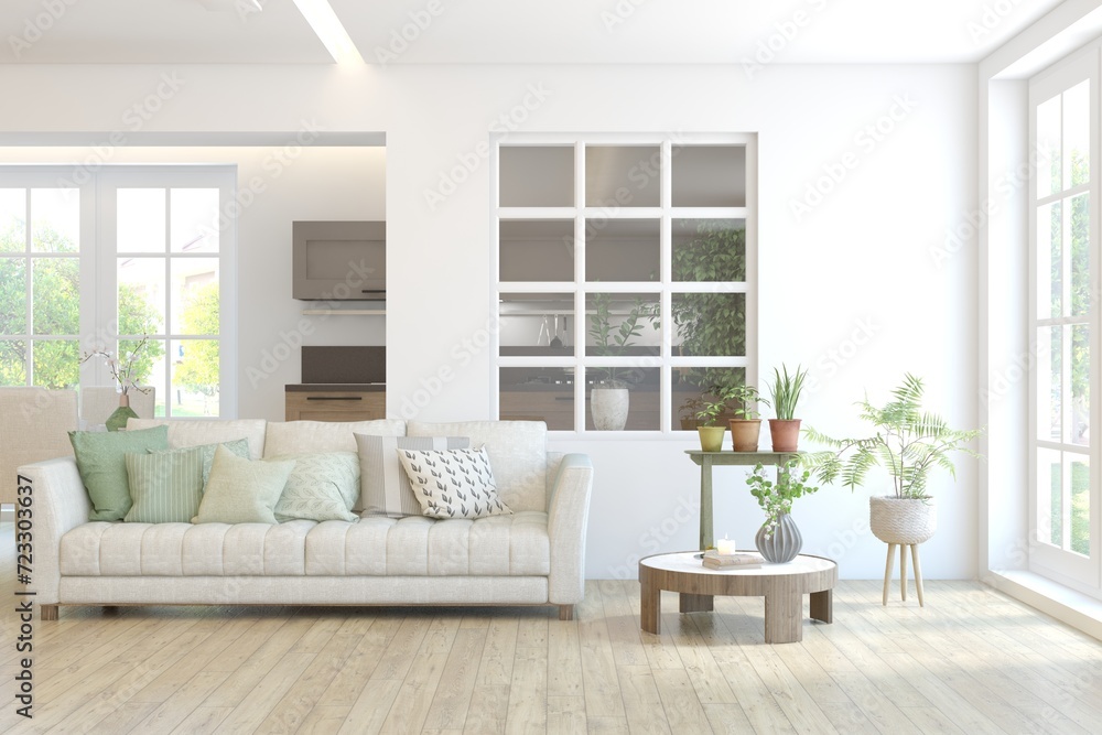 Interior design of modern apartment. Interior mockup. Scandinavian interior design. 3D illustration Interior design of modern apartment. Interior mockup. Scandinavian interior design. 3D illustration