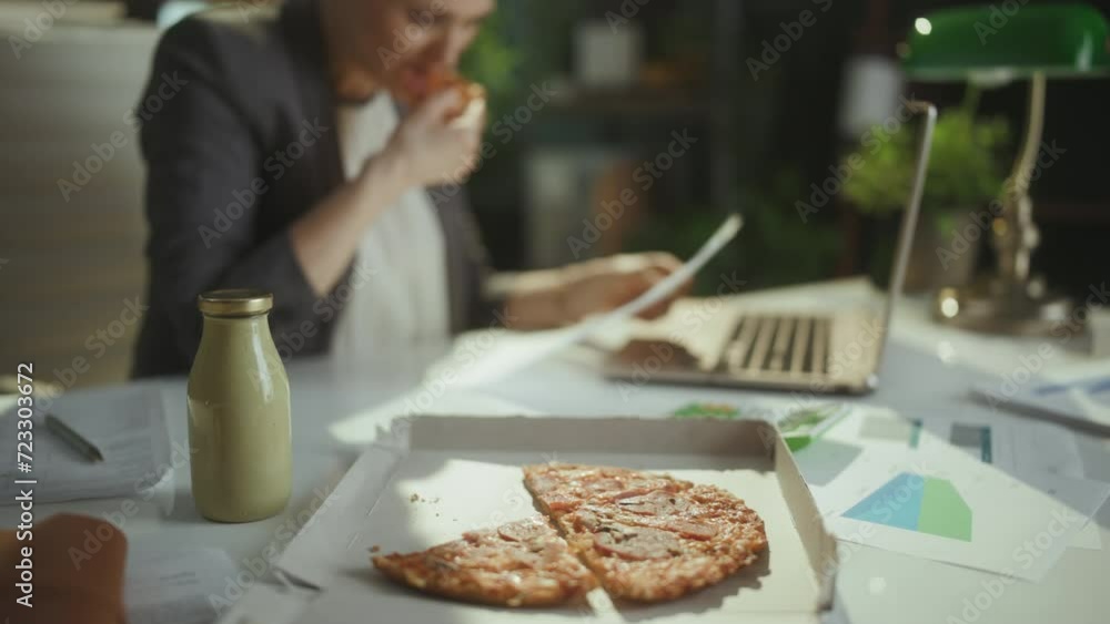 Sustainable workplace. Closeup on bookkeeper woman in green office with pizza and laptop. Sustainable workplace. Closeup on bookkeeper woman in green office with pizza and laptop.
