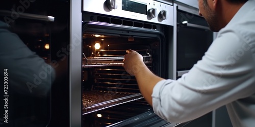 A man is pictured putting something in the oven. This image can be used to depict cooking, meal preparation, or baking activities © Fotograf