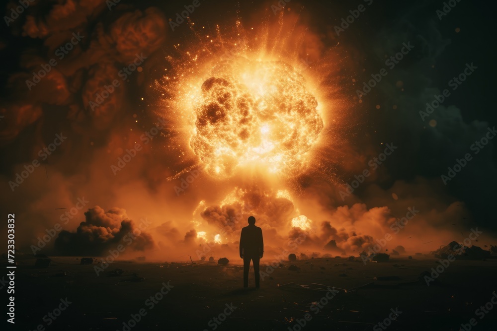 Nuclear Bomb Explosion As Creative Art In Darkness, With Human Silhouette Against Mushroom Cloud