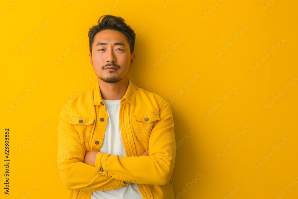 Portrait Of Stylish Asian Man Showcasing Confidence Against Vibrant Yellow Backdrop Portrait Of Stylish Asian Man Showcasing Confidence Against Vibrant Yellow Backdrop