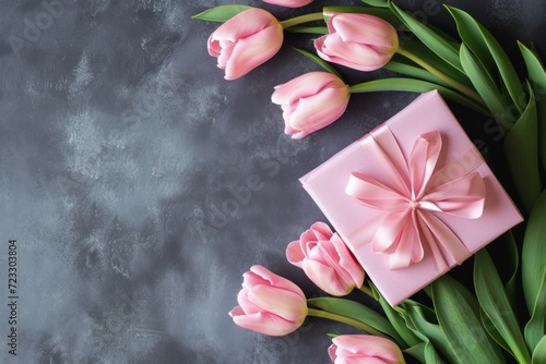 Mothers Day Card Template With Pink Tulips And Gift Box