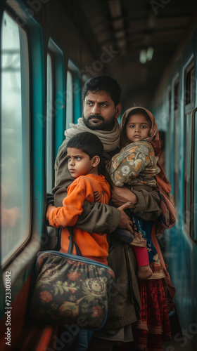 Refugees: A father and his two children are fleeing from their home country due to war and poverty in a train with very little luggage