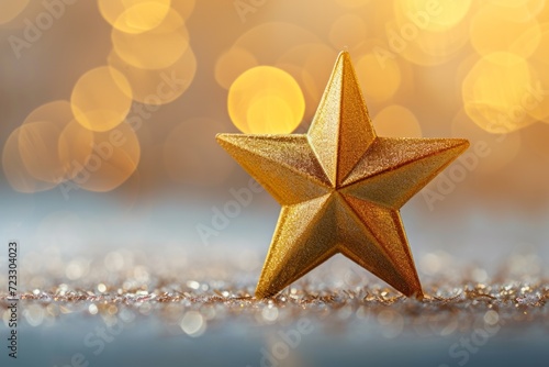 Elegant And Festive Christmas Decoration: Beautiful Shiny Gold Star Perfectly Captured In A Symmetrical Photo, With Copy Space