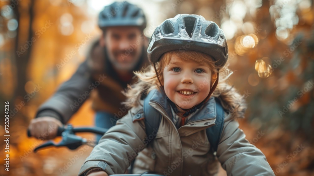 a man riding a bike with a little boy on the back of it and a helmet on top of his head. a man riding a bike with a little boy on the back of it and a helmet on top of his head.