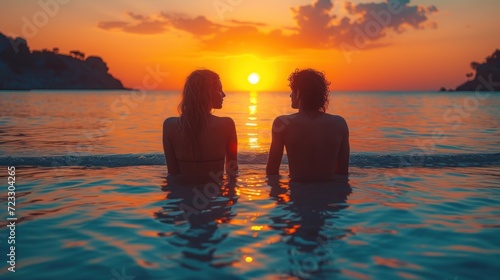  a couple of people sitting on top of a body of water near the ocean with a sunset in the background.