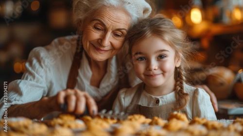  an older woman and a young girl standing in front of a table with cookies on it and looking at the camera.