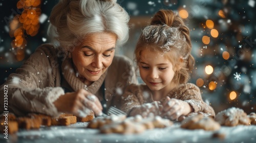  an older woman and a young girl are making cookies in front of a christmas tree with lights in the background.