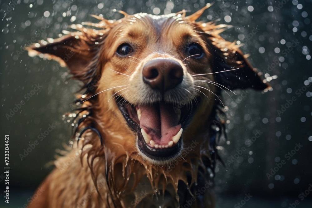 A wet dog standing in the rain with its mouth open. Perfect for pet-related websites or blogs