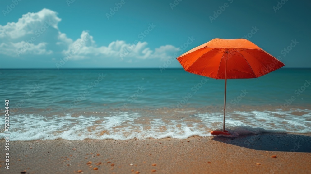 an orange umbrella sitting on top of a sandy beach next to a body of water with a blue sky in the background. an orange umbrella sitting on top of a sandy beach next to a body of water with a blue sky in the background.