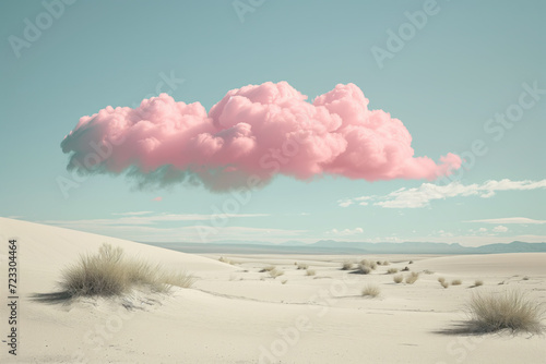 A whimsical pink cloud hovers above white sand dunes, creating a serene and dreamlike environment, perfect to symbolize a clean and healthy Earth. Generative AI image