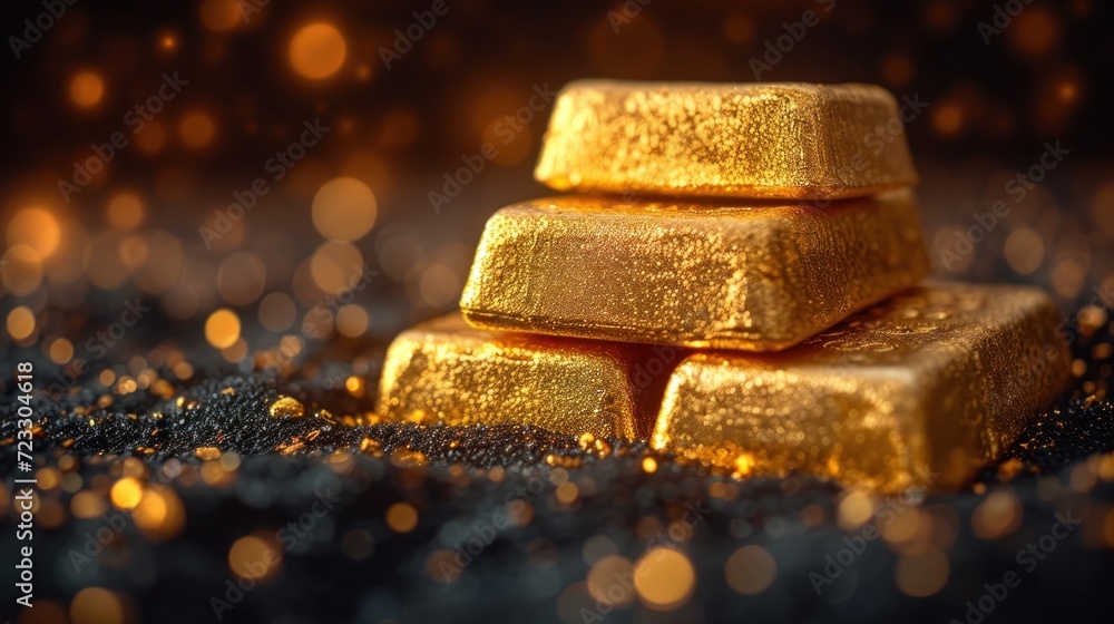 a pile of gold bars sitting on top of a pile of black glitter next to a pile of gold nuggets. a pile of gold bars sitting on top of a pile of black glitter next to a pile of gold nuggets.