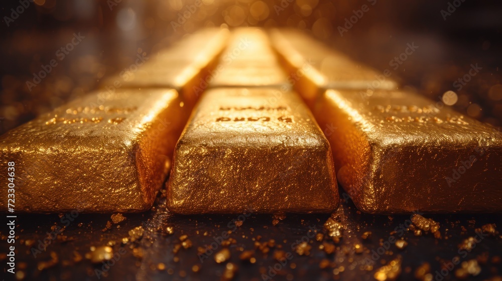 a row of gold bars sitting on top of a black counter covered in golden flecks of gold flecks. a row of gold bars sitting on top of a black counter covered in golden flecks of gold flecks.