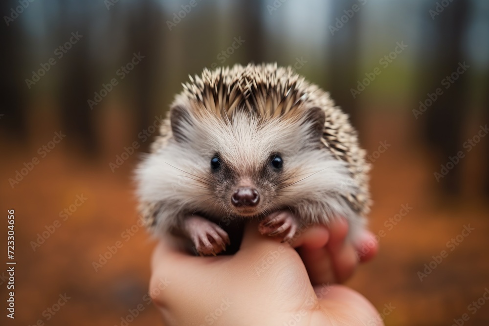 A person gently holding a small hedgehog in their hand. This adorable creature can be a great addition to various projects A person gently holding a small hedgehog in their hand. This adorable creature can be a great addition to various projects