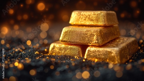  a pile of gold bars sitting on top of a pile of black glitter next to a pile of gold nuggets.