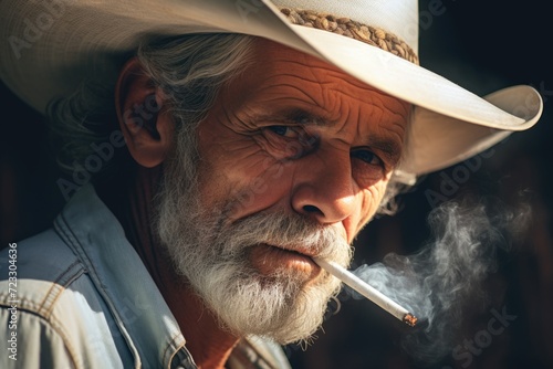 A man wearing a cowboy hat smoking a cigarette. Can be used to depict a rugged western lifestyle or a rebellious attitude