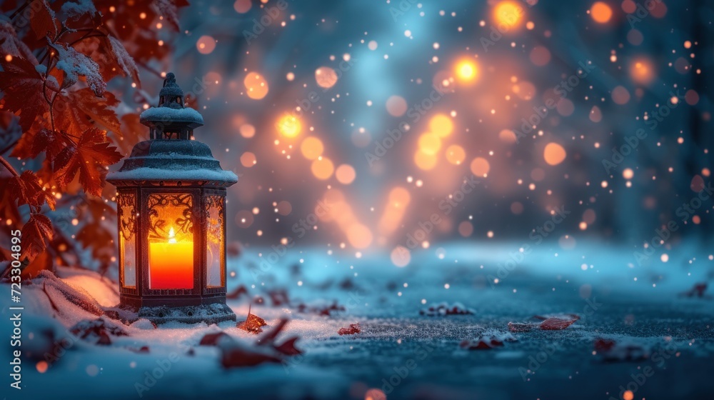  a lantern is lit in the middle of a snowy night with snow falling on the ground and a tree in the background.