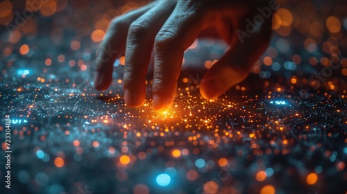  a close up of a person's hand on a computer keyboard with a blurry background of small lights. photo