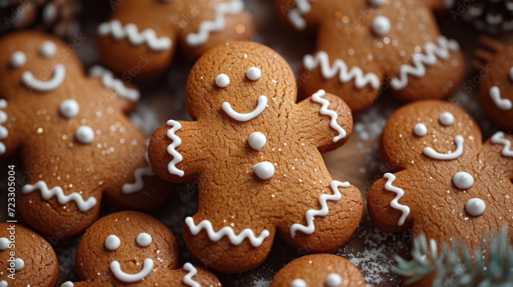 a close up of a group of gingerbreads with white frosting on them and a pine tree in the background. a close up of a group of gingerbreads with white frosting on them and a pine tree in the background.