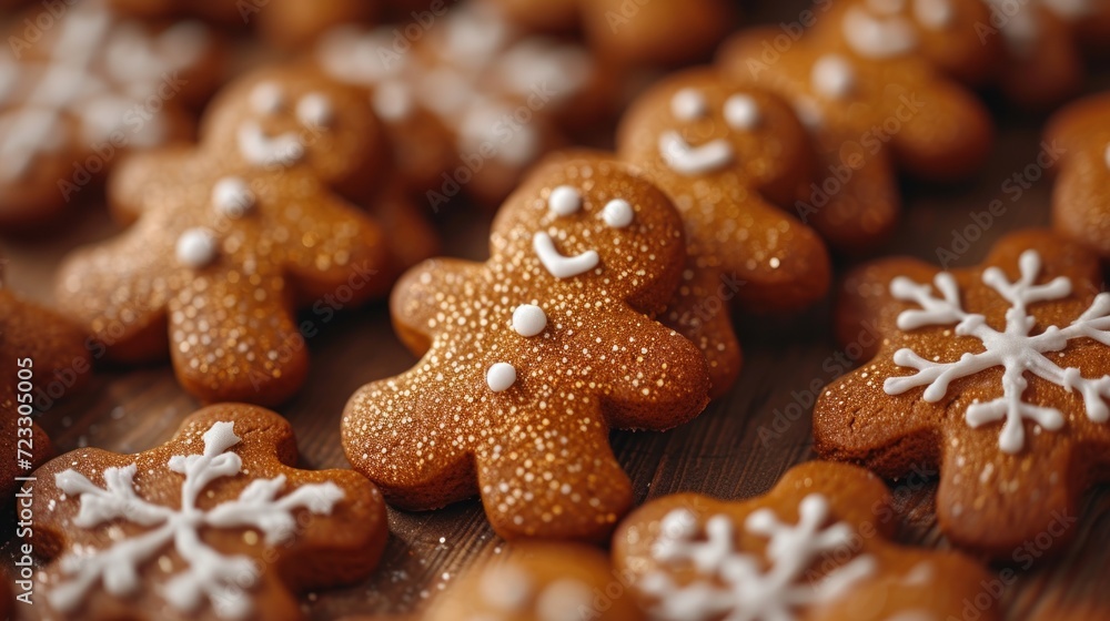 a close up of a group of gingerbreads with icing on top of them and snowflakes on the top of the cookies. a close up of a group of gingerbreads with icing on top of them and snowflakes on the top of the cookies.