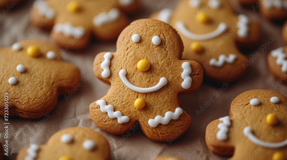  a close up of a group of cookies with white frosting on top of each cookie with a smiling face.