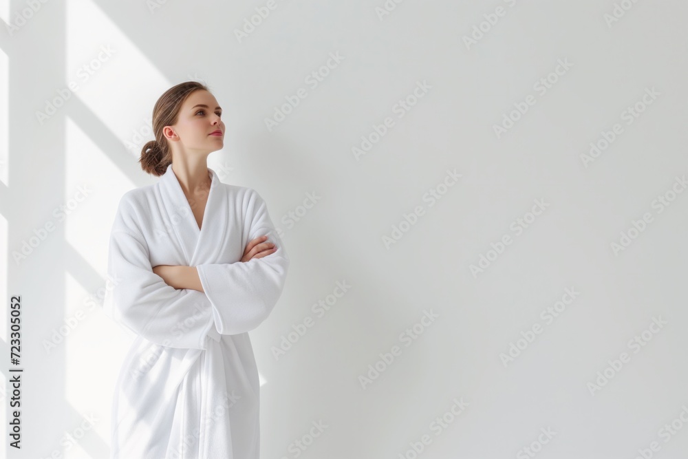 Woman In White Bathrobe Fulllength On White Background Woman In White Bathrobe Fulllength On White Background
