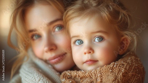  a close up of a child and a woman with blue eyes looking at the camera with a soft focus on the child's face.