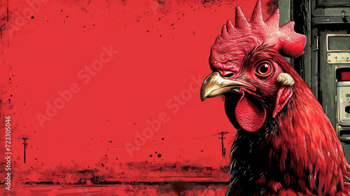  a red rooster standing in front of a red wall with a meter on it's side and a meter on the other side of the wall. photo