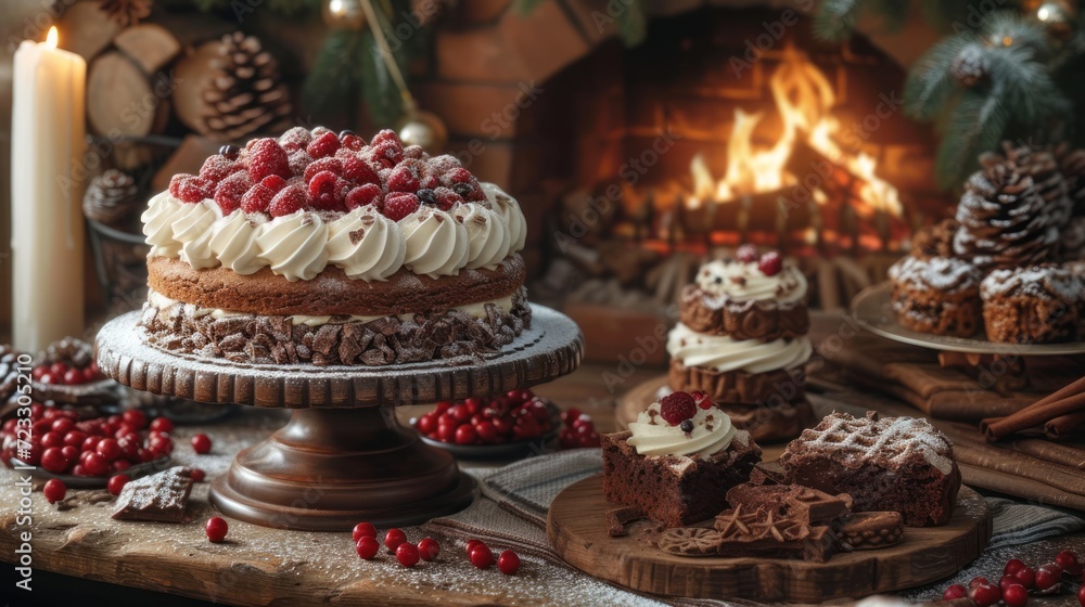 a table topped with a cake covered in frosting and topped with raspberries next to a fireplace with a lit candle and other desserts on the table. a table topped with a cake covered in frosting and topped with raspberries next to a fireplace with a lit candle and other desserts on the table.
