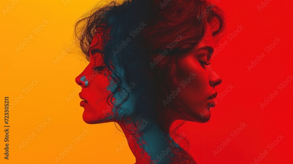  a close up of a woman's face against a red and yellow background with the image of a woman's profile.