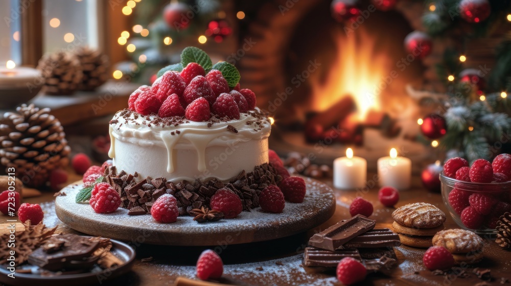  a cake with white frosting and raspberries on a platter next to a fireplace with lit candles.
