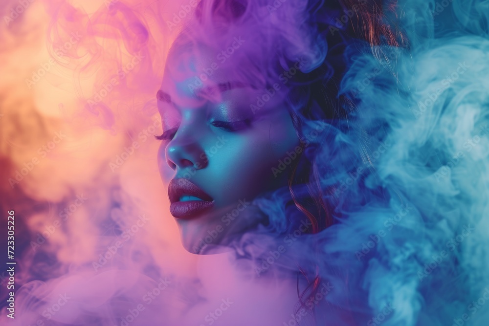Captivating Image Of Young Woman Surrounded By Colorful Smoke, Embracing A Unique And Artistic Fashion Expression