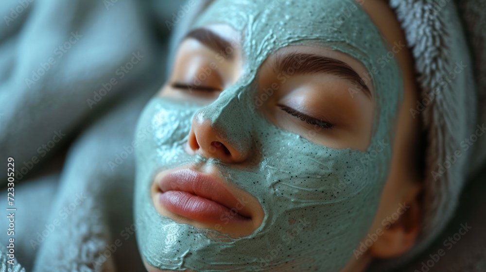 a close up of a woman with a facial mask on and a towel on her head and her eyes closed. a close up of a woman with a facial mask on and a towel on her head and her eyes closed.