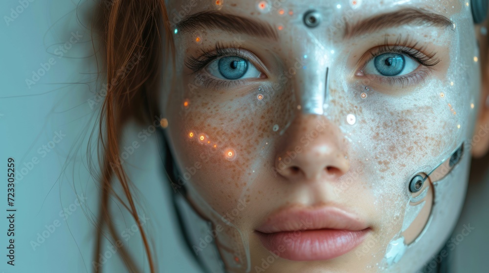 a close up of a woman's face with freckles on her face and freckles on her face. a close up of a woman's face with freckles on her face and freckles on her face.