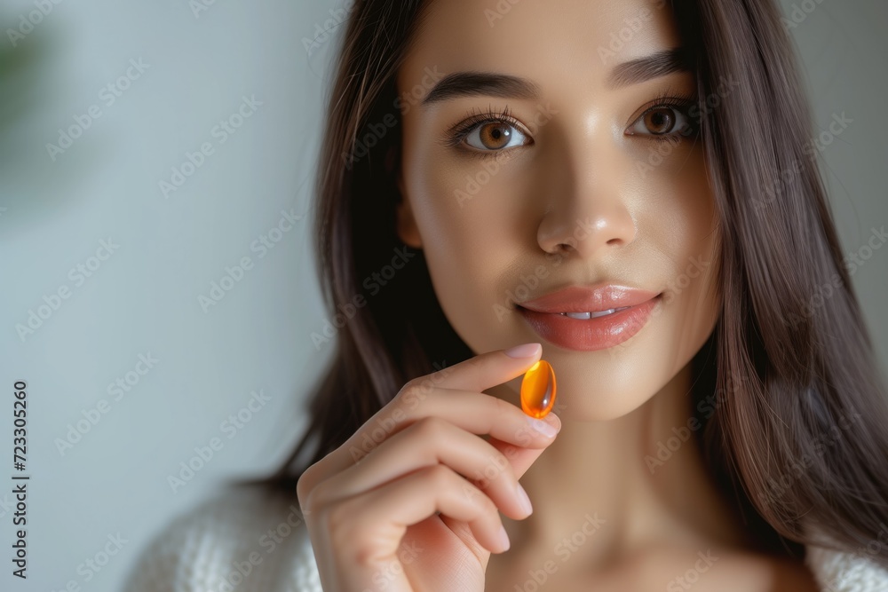 Young Woman Holds Orange Pill For Stronger Skin, Hair, Nails Health Boost At Home Young Woman Holds Orange Pill For Stronger Skin, Hair, Nails Health Boost At Home