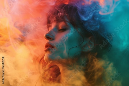 Captivating Portrait Of A Young Woman Surrounded By Vibrant Smoke, Embracing An Abstract Fashion Statement - Centrally Composed With Copy Space