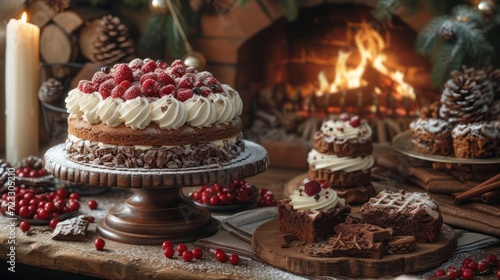  a table topped with a cake covered in frosting and topped with raspberries next to a fireplace with a lit candle and other desserts on the table.