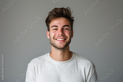 Portrait Of A Joyful Young Man, Radiating Happiness In A Studio Setting – Perfect Symmetry, Ample Room For Text © Anastasiia