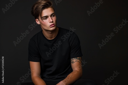Young Male Model Wearing Black Tshirt Mockup For Design Print © Anastasiia