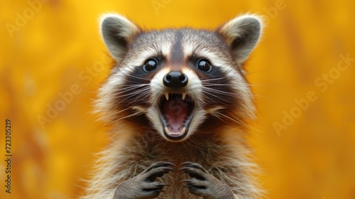  a close up of a raccoon with it's mouth open and it's mouth wide open. © Jevjenijs